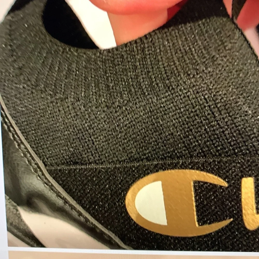 Champion Black and Gold Slip-On Sneakers Sleek Design, size 7